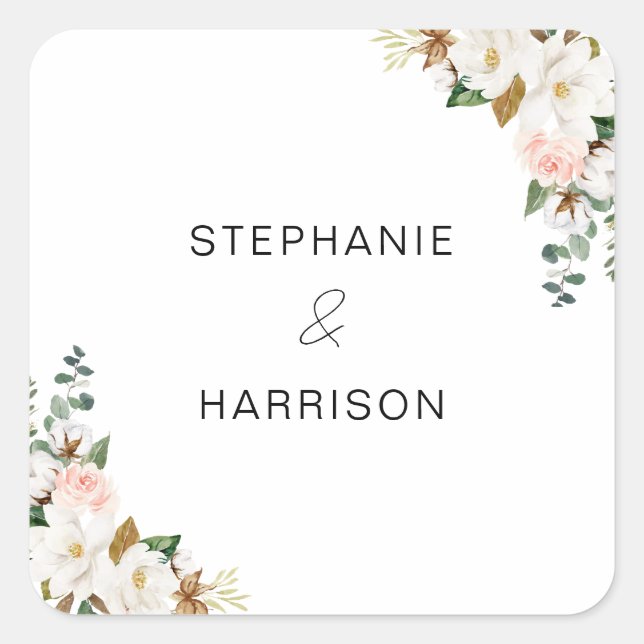 White Blush Magnolia Floral Wedding Envelope Seals (Front)