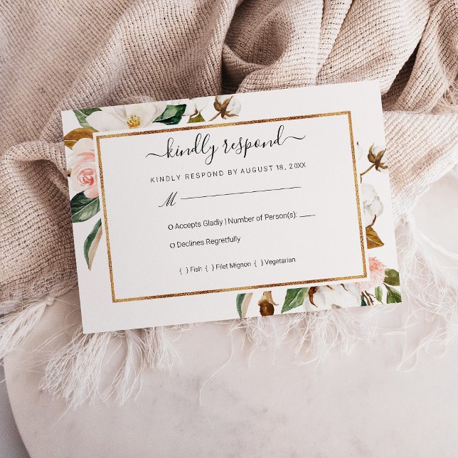 White & Blush Magnolia Floral Wedding RSVP Card (White & Blush Magnolia Floral Wedding RSVP Card)
