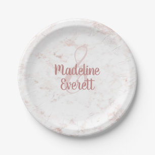 White Blush Marble and Rose Gold Wedding Monogram Paper Plate