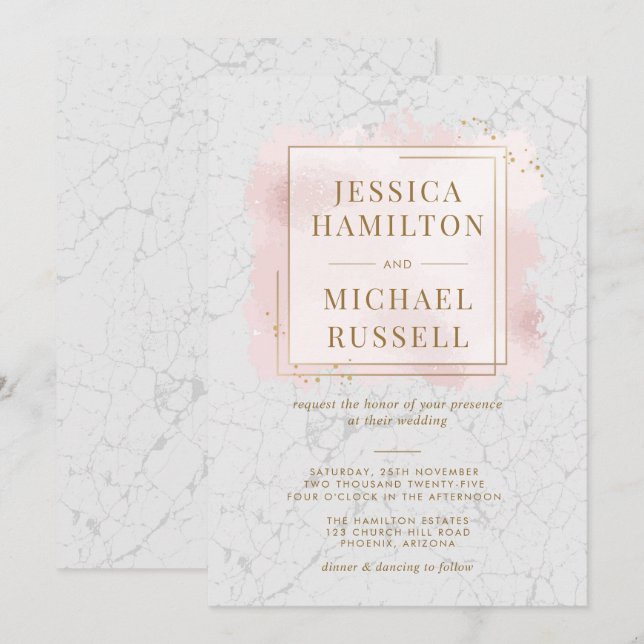 White & Blush Marble Gold Frame Wedding Invitation (Front/Back)