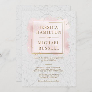 White & Blush Marble Gold Frame Wedding Invitation