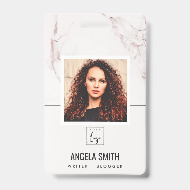 WHITE BLUSH MARBLE TEXTURE EMPLOYEE PHOTO BARCODE BADGE (Front)