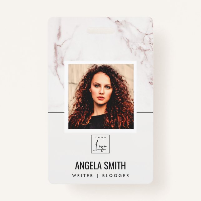WHITE BLUSH MARBLE TEXTURE EMPLOYEE PHOTO BARCODE BADGE (Front)