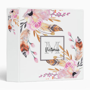White blush pink boho feathers monogram name binder