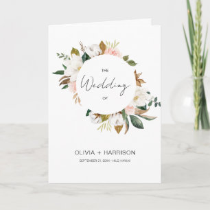 White & Blush Pink Magnolia Floral Wedding Folded Program