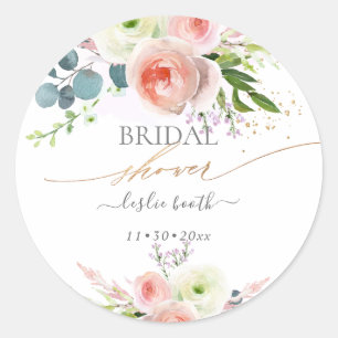 White Blush Pink Peonies Bridal Shower Invitation Classic Round Sticker