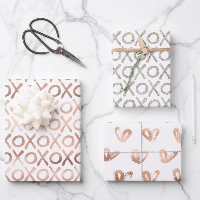 White Blush Pink Rose Gold Silver XOXO Wrapping Paper Sheet (Front)