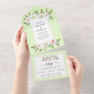 White, blush pink wild rose floral green wedding all in one invitation