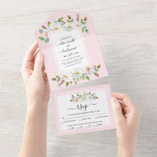 White, blush pink wild rose floral pink wedding  all in one invitation
