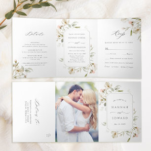 White Blush Sage Elegant Floral Wedding Tri-Fold Invitation