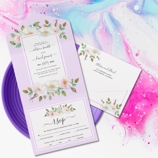 White, blush wild rose floral lavender wedding   all in one invitation (Creator Uploaded)