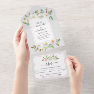 White, blush wild rose floral light grey wedding  all in one invitation