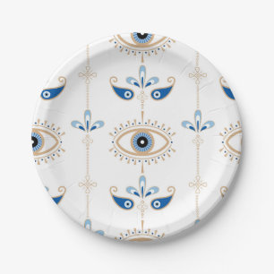 White bohemian retro evil eye pattern paper plate