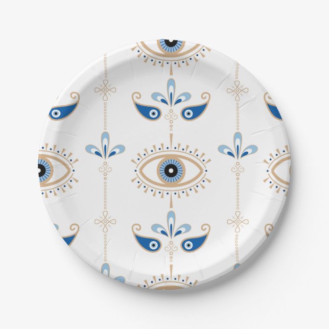 White bohemian retro evil eye pattern paper plate (Front)