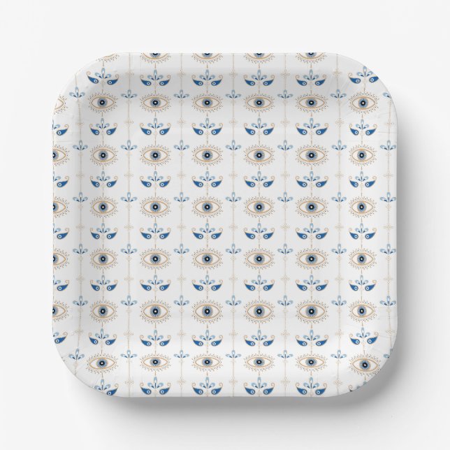 White bohemian retro evil eye pattern paper plate (Front)