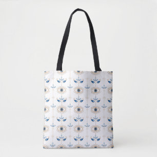 White bohemian retro evil eye pattern tote bag