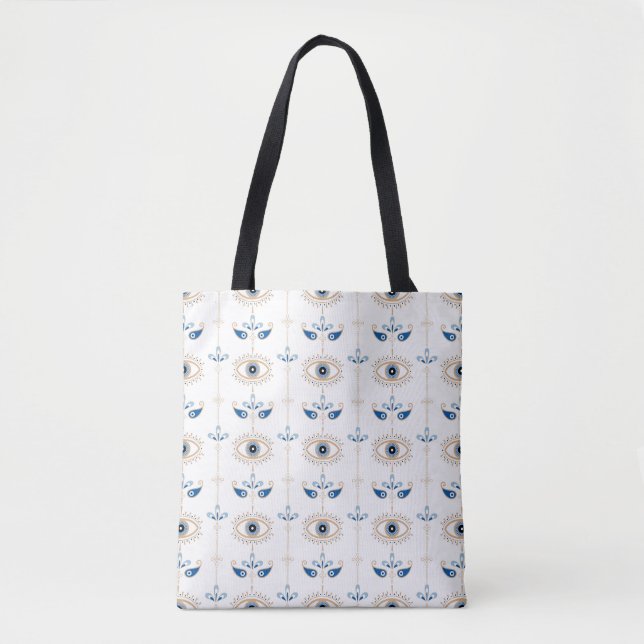 White bohemian retro evil eye pattern tote bag (Front)