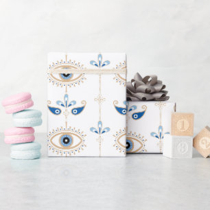 White bohemian retro evil eye pattern wrapping paper