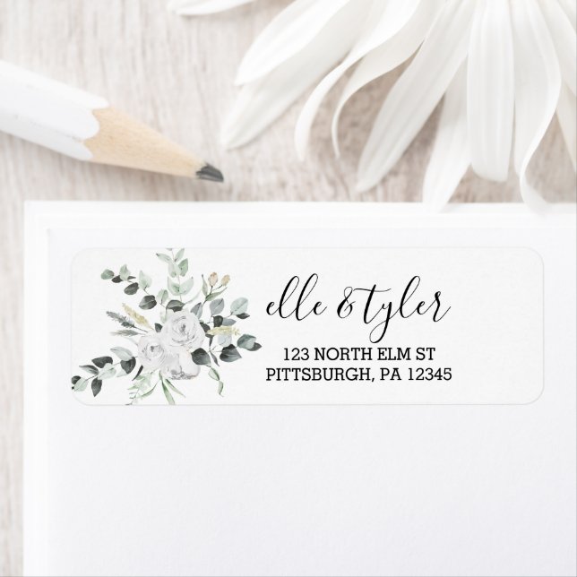 White Bohemian Rose Wedding Return Address Labels (Insitu)