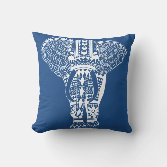White Bohemian Tribal Elephant Throw Pillow (Front)