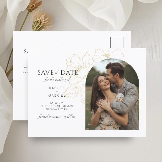 White | Boho Arch Gold Floral Wedding  Postcard (Creator Uploaded)