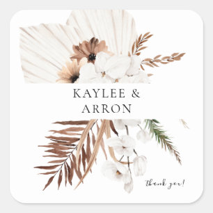 White Boho & Beige Floral Thank You Square Sticker