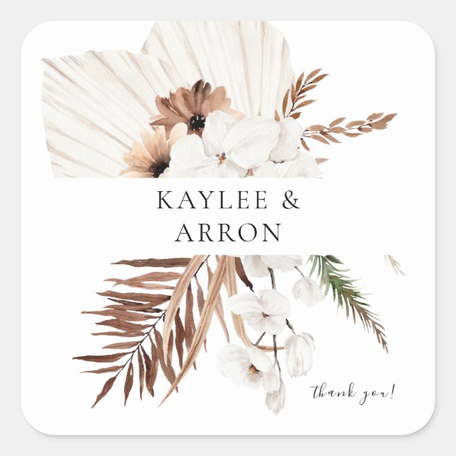 White Boho & Beige Floral Thank You Square Sticker (Front)