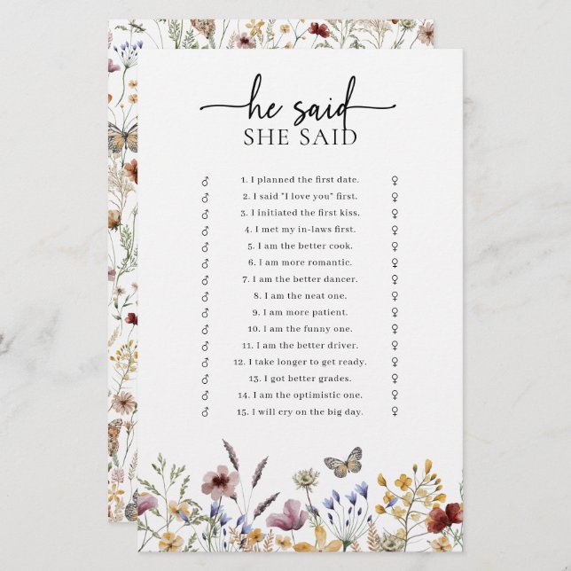 White Boho Bridal Shower Game (Front/Back)