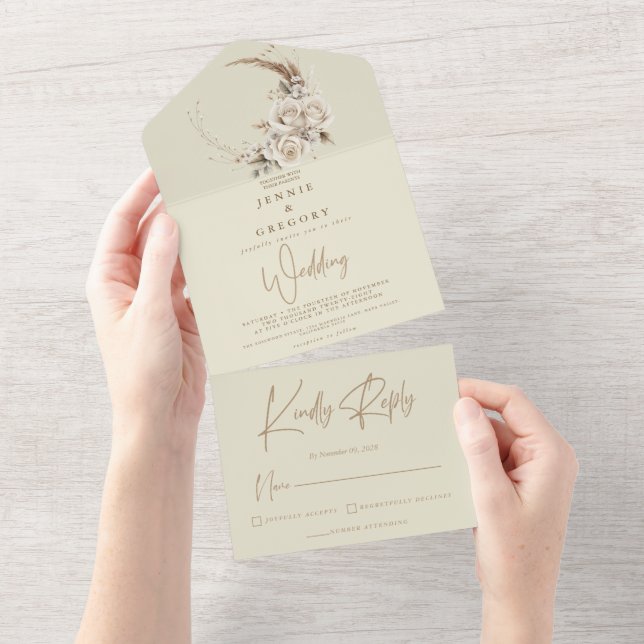White Boho Floral All In One Wedding Invitation (Tearaway)