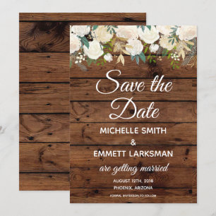 White Boho Floral Rustic Gold Save the Date Invitation