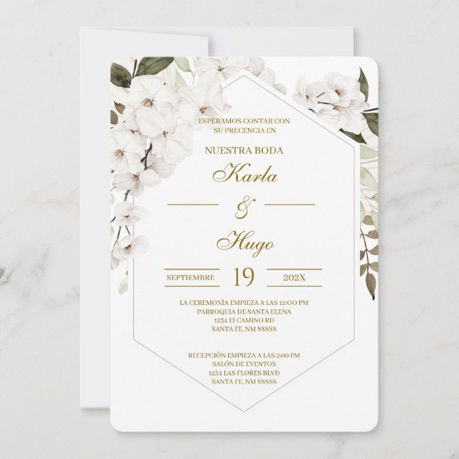White Boho floral Spanish Wedding Invitation (Front)