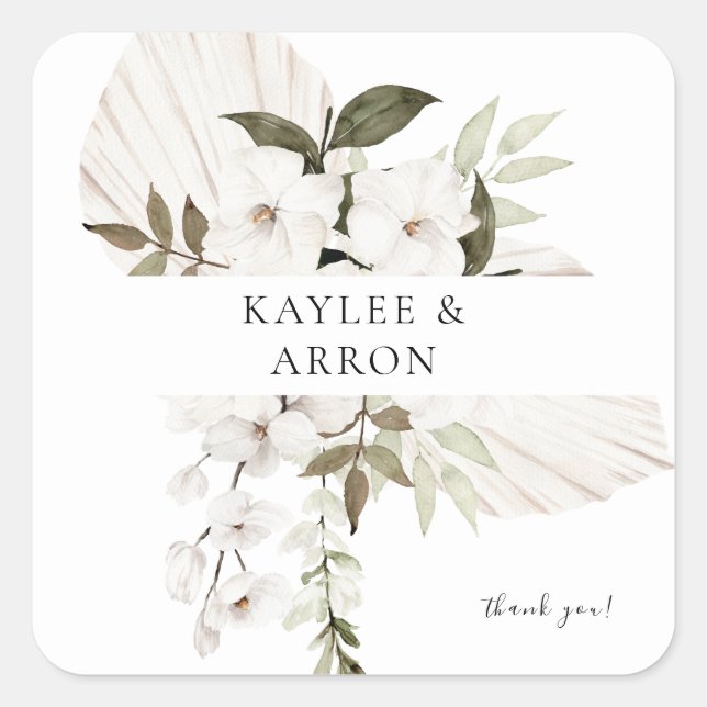 White Boho Floral Thank You Square Sticker (Front)