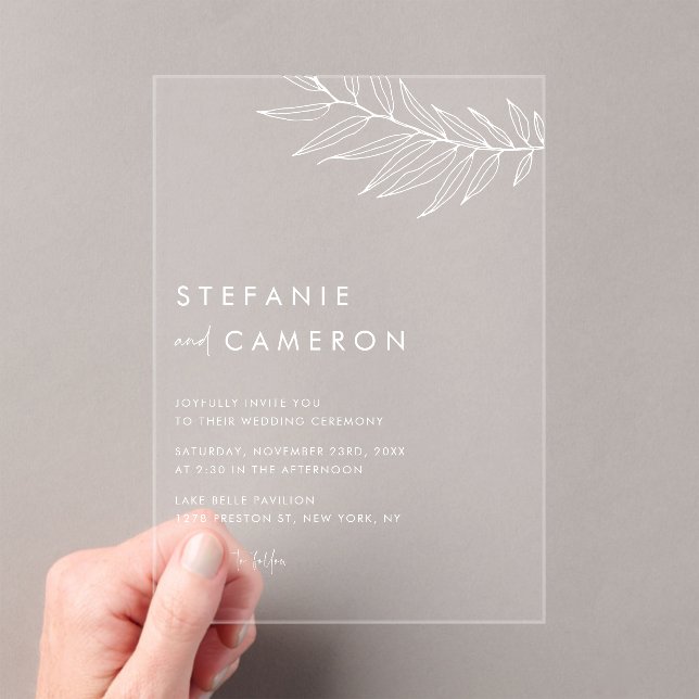 White Boho Minimalist Foliage Wedding Acrylic Invitations (Insitu (Handheld))