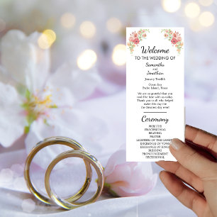 White Boho Watercolor Flowers Wedding Program Card