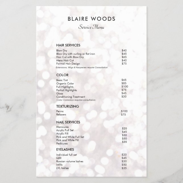 White Bokeh Glitter Hair Salon Price List Menu (Front)