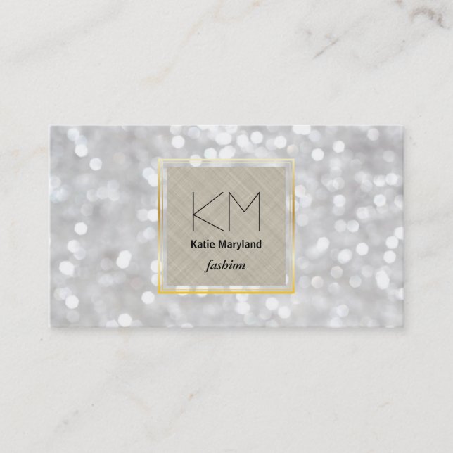 White Bokeh Golden Border Business Card (Front)