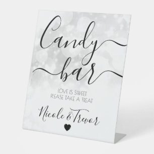 White Bokeh Personalized Wedding Candy Bar Pedestal Sign