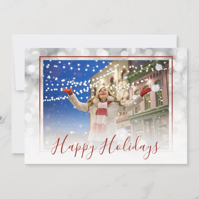White Bokeh Red Frame Custom Happy Holidays Photo Holiday Card (Front)