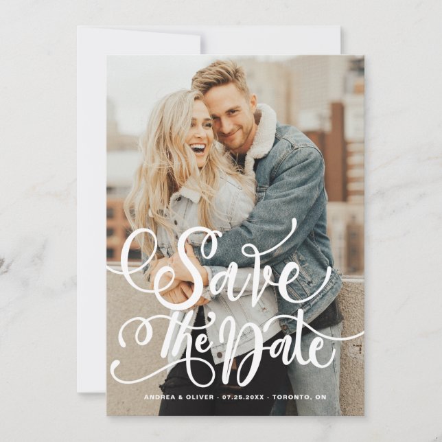 White Bold Modern Calligraphy Overlay Photo Save The Date (Front)