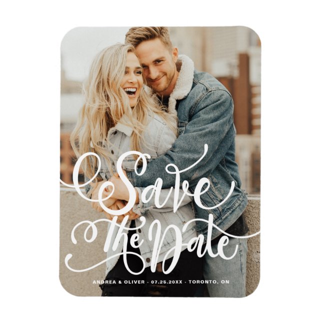 White Bold Modern Calligraphy Save the Date Magnet (Vertical)