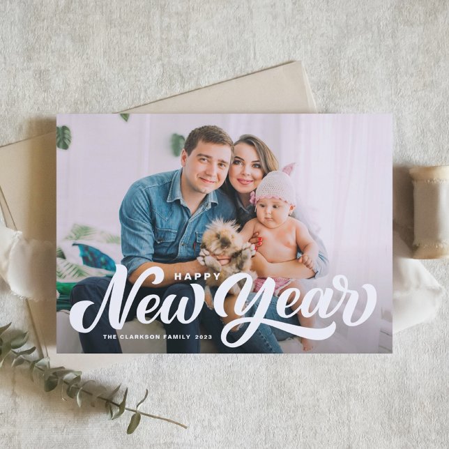 White Bold Script Photo Overlay Happy New Year Holiday Card (Creator Uploaded)