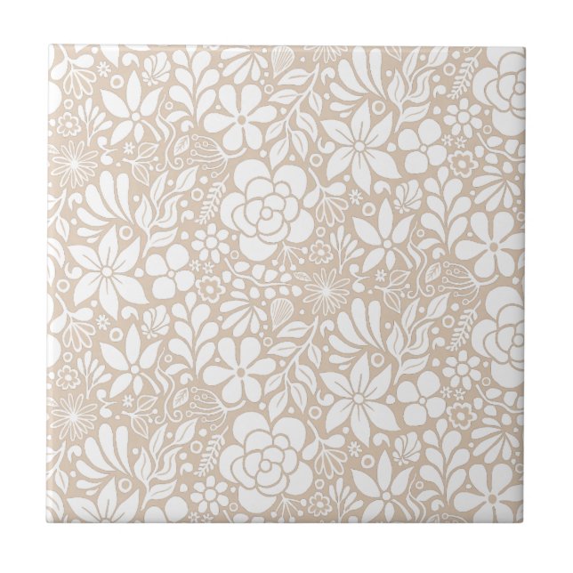 White Bold Wild Flowers & Leaves Garden Tile (Front)