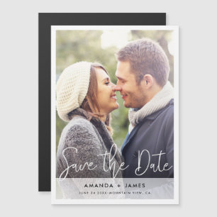 White Border Simple Modern Script Save the Date Magnetic Invitation