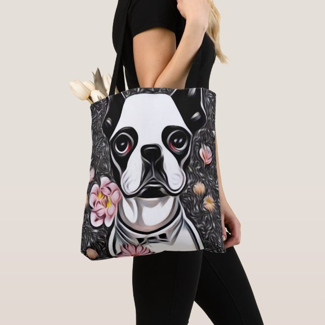 White Boston Terrier Tote Bag (Close Up)