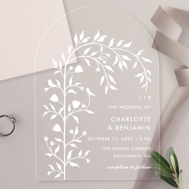 White Botanical Bird Arch Wedding Acrylic Invitations (Creator Uploaded)