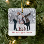 White Botanical Christmas Family Photo Overlay Ceramic Ornament<br><div class="desc">Add a personalized decor to your Christmas tree with this photo holiday ornament. It features white hollies,  pinecones,  greenery and florals. Personalize by adding your own photos. This photo ornament will be perfect as a Christmas gift.</div>