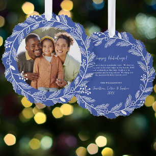 White Botanical Christmas Wreath Custom Photo Ornament Card