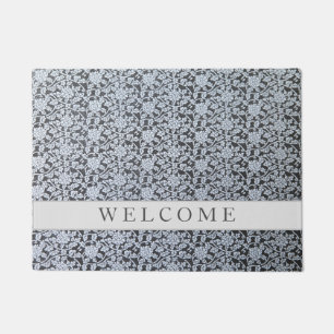 White botanical design on gray Door Mat