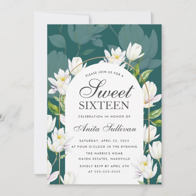 White Botanical Flowers Sweet Sixteen 16 Birthday Invitation (Front)