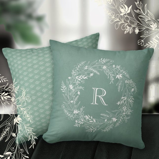 White botanical leaf wreath letter R Throw Pillow (Creator Uploaded)